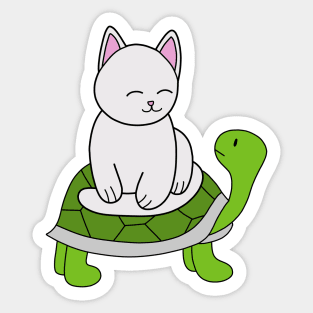 Kitty Cat Sits on Green Turtle Sticker